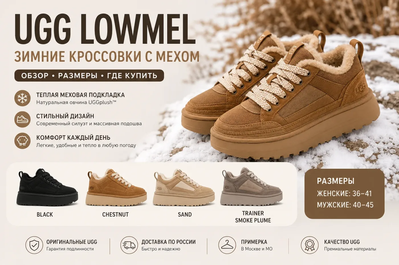 UGG Lowmel — зимние кроссовки с мехом: обзор, размеры, где купить